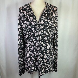 Cosabella Top Pink Black Floral Collared Button Down Long Sleeves Size L